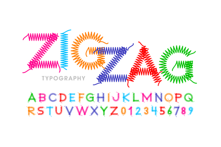 Zigzag font stitched with thread, embroidery font alphabet letters and numbersのイラスト素材