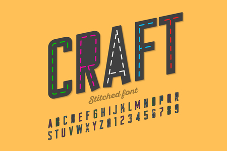 Stitched font, running stitch, alphabet letters and numbersのイラスト素材
