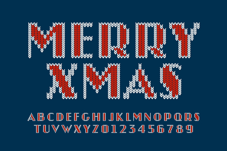 Knitted font, Christmas latin alphabet letters and numbersのイラスト素材