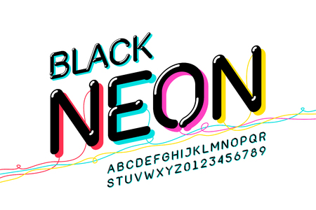 Black Neon font design, alphabet letters and numbersのイラスト素材