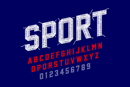 Embroidery font, sports style, stitched with thread alphabet letters and numbersのイラスト素材