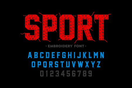 Embroidery font, sports style, stitched with thread alphabet letters and numbersのイラスト素材