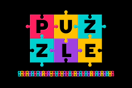 Puzzle font, colorful jigsaw puzzle alphabet letters and numbersのイラスト素材