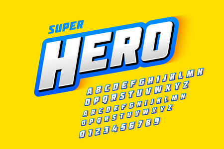 Comics style font, super hero, upper and lowercase alphabet letters and numbersのイラスト素材