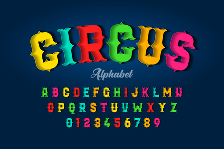 Circus style font design, alphabet letters and numbersのイラスト素材