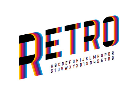 Retro style colorful font, alphabet letters and numbersのイラスト素材