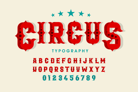 Retro style circus font, alphabet letters and numbers