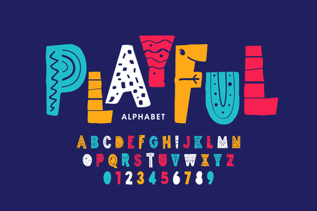 Playful style font design, childish alphabet letters and numbersのイラスト素材