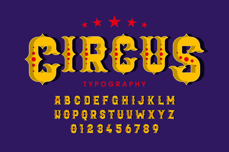 Retro style circus font, alphabet letters and numbersのイラスト素材