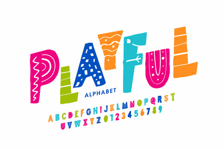 Playful style font design, childish alphabet letters and numbersのイラスト素材