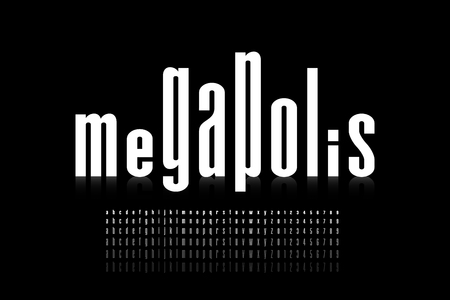 Megalopolis style font design, skyline alphabet letters and numbersのイラスト素材