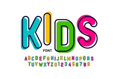 Kids style colorful font, playful alphabet letters and numbersのイラスト素材