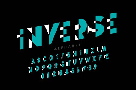 Inverse style modern font, alphabet letters and numbers,のイラスト素材