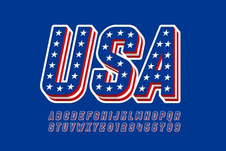 USA flag style font design, alphabet letters and numbersのイラスト素材