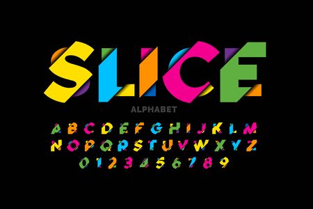 Modern vivid color sliced style font, colorful alphabet letters and numbersのイラスト素材