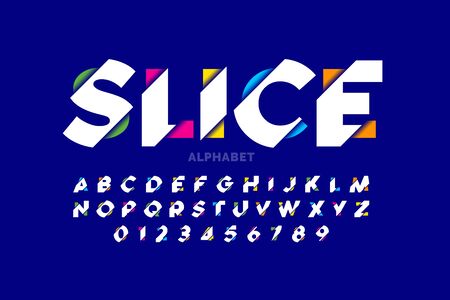 Modern vivid color sliced style font, colorful alphabet letters and numbersのイラスト素材