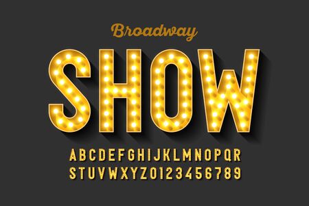 Broadway style retro light bulb font, vintage alphabet letters and numbersのイラスト素材