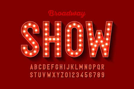 Broadway style retro light bulb font, vintage alphabet letters and numbersのイラスト素材