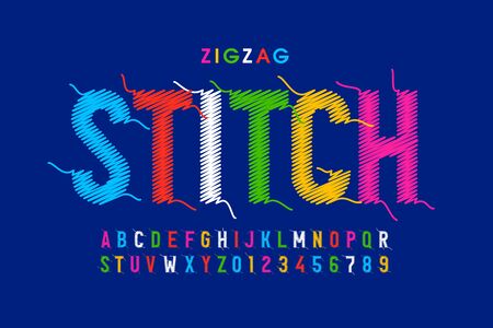 Zigzag stitch style font design, alphabet letters and numbersのイラスト素材