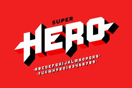 Comics style super hero font, capital alphabet letters and numbersのイラスト素材
