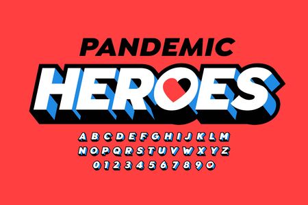 Pandemic Heroes lettering in comic book Superhero style, font design alphabet letters and numbersのイラスト素材