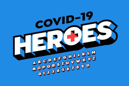 Covid-19 Heroes lettering in comic book Superhero style, font design alphabet letters and numbersのイラスト素材