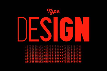 Modern style font design with different letters thicknesses, weights, from ultra thin to ultra bold, alphabet and numbersのイラスト素材