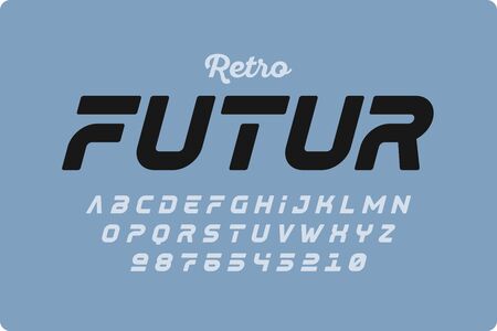 Retrofuturism style font design, alphabet letters and numbersのイラスト素材