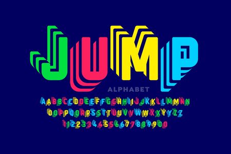 Jumping style font design, alphabet letters and numbersのイラスト素材