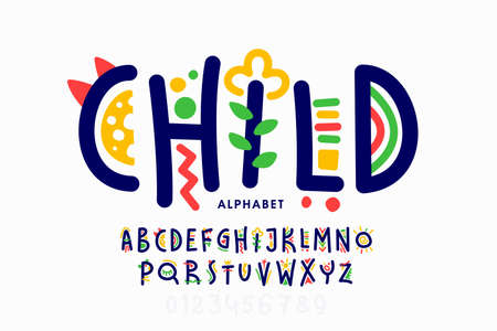 Playful style font design, childish alphabet letters and numbersのイラスト素材