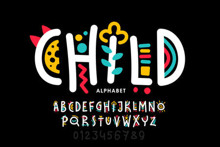 Playful style font design, childish alphabet letters and numbersのイラスト素材