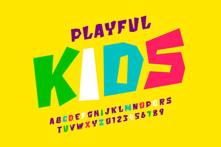 Kids style colorful font, playful alphabet letters and numbersのイラスト素材