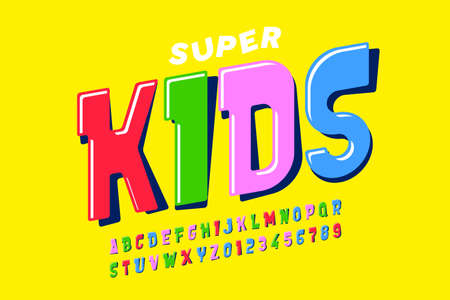 Playful style font design, childish alphabet letters and numbersのイラスト素材