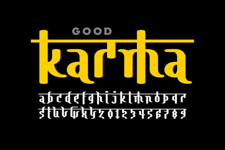 Indian style calligraphic Latin font design, Devanagari inspared alphabet, letters and numbersのイラスト素材
