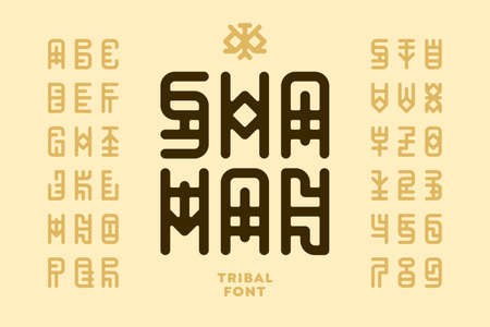 Tribal style Shaman font, alphabet letters and numbers vector illustrationのイラスト素材