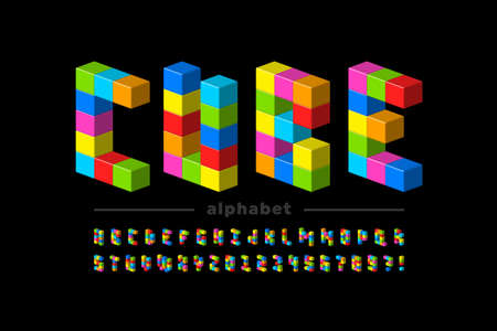 Plastic cubes font, childrens toys alphabet letters and numbers vector illustrationのイラスト素材