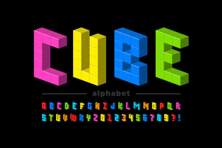 Plastic cubes font, childrens toys alphabet letters and numbers vector illustrationのイラスト素材
