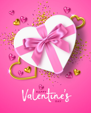 Happy Valentine's Day holiday. Romantic composition of a white gift box in the shape of heart with pink ribbon bow, gold jewelry hearts and confetti around on pink background. For design of greeting card, banner, poster. Vector illustrationのイラスト素材