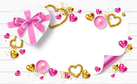 Valentine's Day holiday greeting frame. Flat lay composition of a paper with curled corner, gift box in the shape of heart with pink bow, lit candels, gold jewelry hearts on white wooden backgroundのイラスト素材