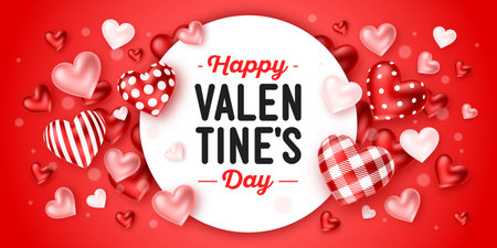 Happy Valentine's Day holiday. Romantic composition with different patterns 3d hearts around white frame with lettering. Greeting card, banner, poster, invitationのイラスト素材