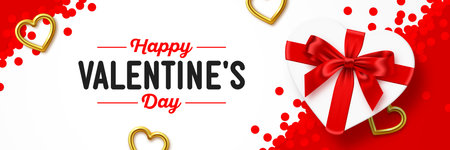 Happy Valentine's Day holiday banner. Romantic composition of white gift box in the shape of heart with red bow, gold hearts and confetti, vector illustrationのイラスト素材