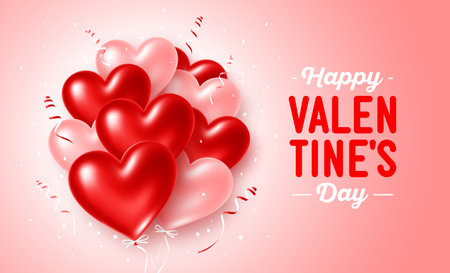 Happy Valentine's Day holiday. Romantic composition with red and rose color balloons in the shape of heart, party streamers and confetti. Greeting card, banner, poster, invitationのイラスト素材