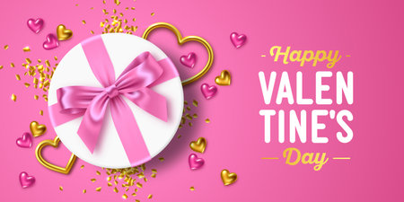 Happy Valentine's Day holiday. Romantic composition of white round gift box with pink ribbon bow, gold jewelry hearts and confetti. For design of greeting card, banner, poster. Vector illustrationのイラスト素材