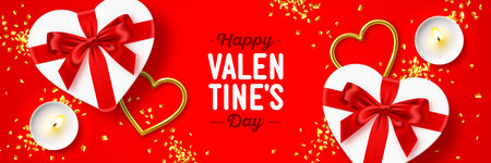 Happy Valentine's Day holiday banner. Romantic composition of white gift boxes in the shape of heart with red bow, lit candles gold hearts and confetti, vector illustration;のイラスト素材