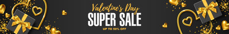 Valentine's Day sale banner background. Header for website with romantic holiday design of black gift box with gold bow and gold hearts jewelery on black background vector illustrationのイラスト素材