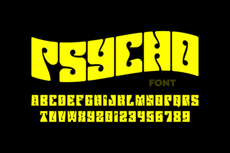 Psychedelic style font design, 1960s alphabet letters and numbersのイラスト素材