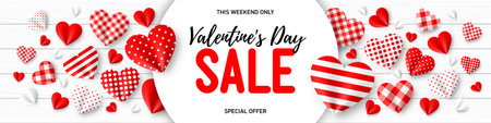 Valentine's Day sale banner background. Romantic composition with red hearts on white wooden background vector illustrationのイラスト素材