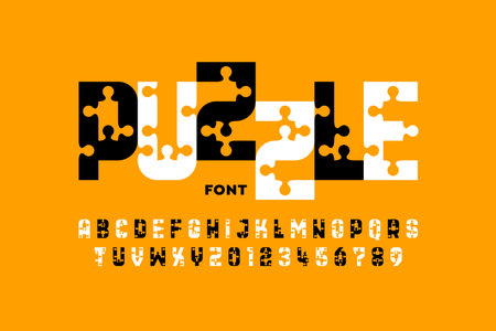 Puzzle game style font, jigsaw puzzle alphabet letters and numbersのイラスト素材