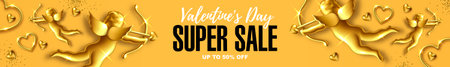 Valentine's Day sale banner background. Header for website with romantic holiday flat lay design with composition of gold archery Cupids and hearts vector illustrationのイラスト素材