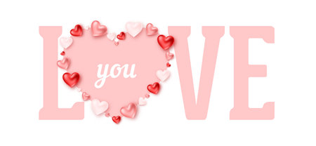 Valentine's Day banner design. Romantic composition with Love You lettering and hearts on pink background. For design of greeting card, invitation, banner, poster, web.のイラスト素材